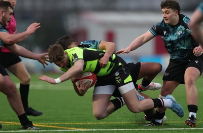 160225  Ospreys U18s v Dragons U18s, WRU Regional Age Grade Semi Final - Morgan Carter of Dragons takes on Caelan Carson-Jones of Ospreys and Logan Jones of Ospreys