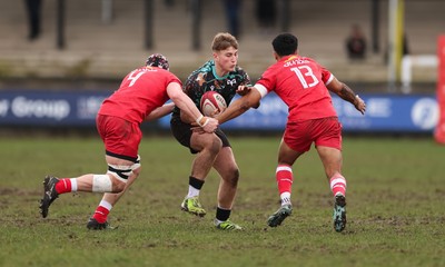 080226 - Ospreys U18 v Scarlets U18, WRU Regional Age Grade Championship - Zac Mizen of Ospreys takes on Rhys Owen of Scarlets and Jayden Brown of Scarlets