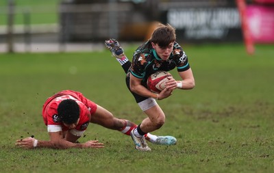 080226 - Ospreys U18 v Scarlets U18, WRU Regional Age Grade Championship - Ashton Crook of Ospreys takes on Jayden Brown of Scarlets