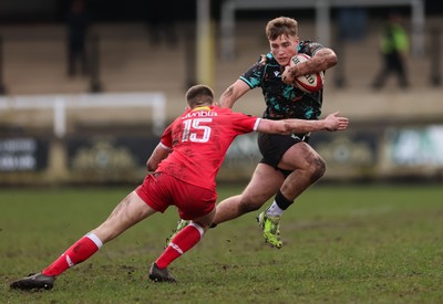 080226 - Ospreys U18 v Scarlets U18, WRU Regional Age Grade Championship - Zac Mizen of Ospreys takes on Rhys Wyatt of Scarlets