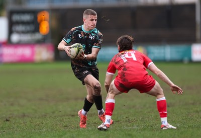 080226 - Ospreys U18 v Scarlets U18, WRU Regional Age Grade Championship - Dylan Quinn of Ospreys takes on Rhys Jones of Scarlets