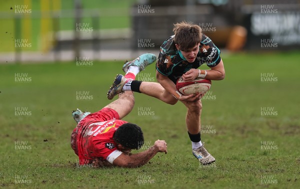 080226 - Ospreys U18 v Scarlets U18, WRU Regional Age Grade Championship - Ashton Crook of Ospreys takes on Jayden Brown of Scarlets