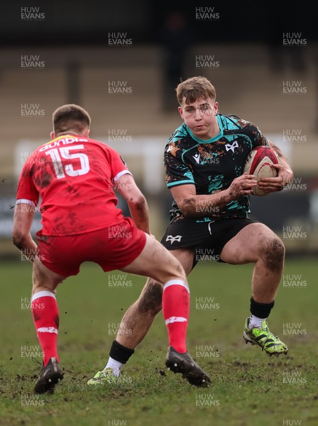 080226 - Ospreys U18 v Scarlets U18, WRU Regional Age Grade Championship - Zac Mizen of Ospreys takes on Rhys Wyatt of Scarlets