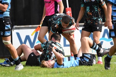 240825 - Ospreys U18s v Cardiff Rugby U18s - Aled Evans of Ospreys scores a try 