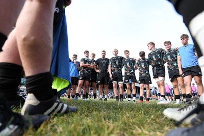 240825 - Ospreys U18s v Cardiff Rugby U18s - Ospreys team huddle at full time 