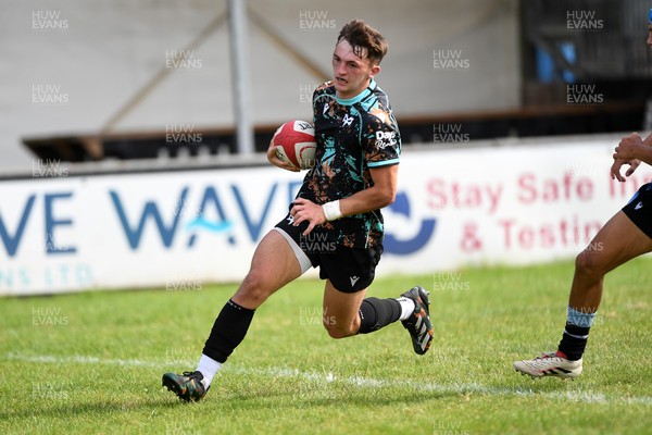 240825 - Ospreys U18s v Cardiff Rugby U18s - Cian Evans of Ospreys runs in to score a try 