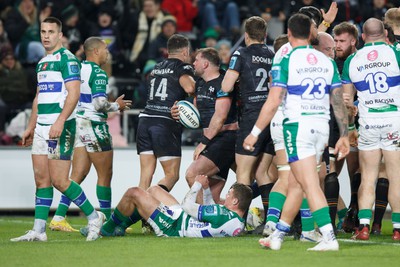 040323 - Ospreys v Benetton - United Rugby Championship - Sam Parry of Ospreys emerges after scoring a try