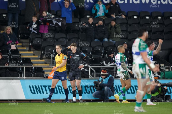 040323 - Ospreys v Benetton - United Rugby Championship - Jack Walsh of Ospreys reacts as he watches his conversion that would have done the match hit the post