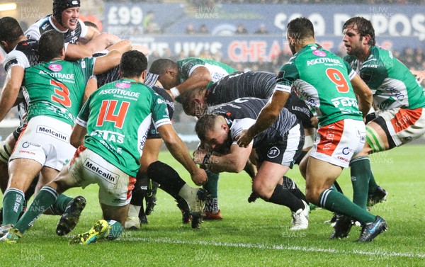 121019 - Ospreys v Benetton Rugby Treviso, Guinness PRO14 - Sam Parry of Ospreys powers over to score his first try