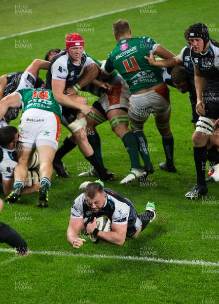 121019 - Ospreys v Benetton Rugby Treviso, Guinness PRO14 - Sam Parry of Ospreys dives in to score his third try