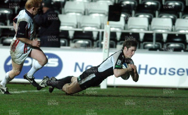 031205 - Celtic League Rugby Ospreys v Borders Ospreys' Andrew Bishop claims a try 