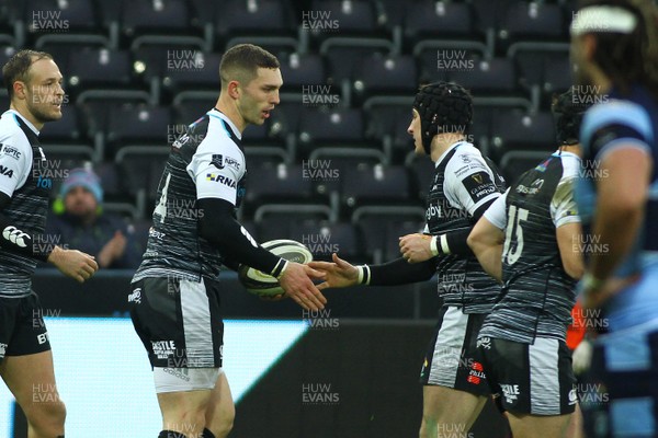 050119 - Ospreys v Cardiff Blues - GuinnessPro14 - George North of Ospreys celebrates his try with Sam Davies