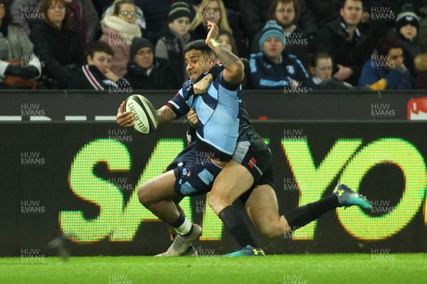050119 - Ospreys v Cardiff Blues - GuinnessPro14 - Rey Lee Lo of Cardiff Blues is tackled by Cory Allen of Ospreys
