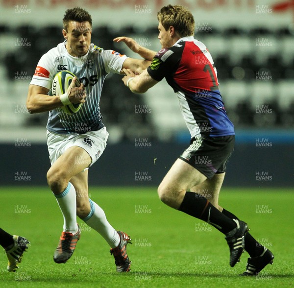 151113 - Ospreys v Cardiff Blues - LV= Cup - Chris Czekaj of Cardiff Blues is tackled by Jonathan Spratt of Ospreys