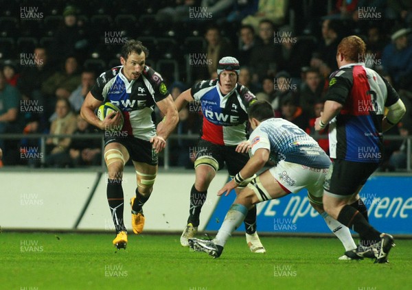 151113 Ospreys v Cardiff Blues - LV=Cup -Ospreys' Joe Bearman takes on Blues' James Down