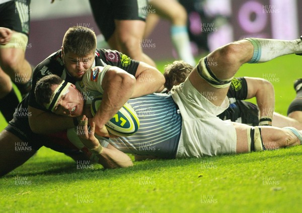 151113 Ospreys v Cardiff Blues - LV=Cup -Blues' Robin Copeland is tackled short of the Ospreys' try line