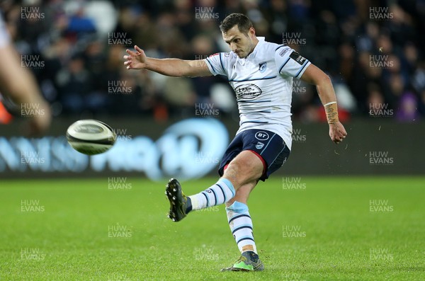 211219 - Ospreys v Cardiff Blues - Guinness PRO14 - Jason Tovey of Cardiff Blues kicks a penalty to make the score 16-19 to the Blues