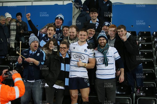 211219 - Ospreys v Cardiff Blues - Guinness PRO14 - Hallam Amos of Cardiff Blues celebrates with fans at full time