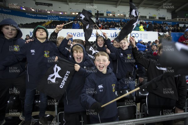 211219 - Ospreys v Cardiff Blues - Guinness PRO14 - Ospreys fans waving flags