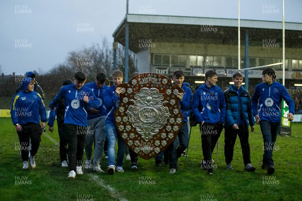 010124 - Ospreys v Cardiff Rugby - United Rugby Championship - The Dewar Shield is paraded around Dunraven Brewery Field