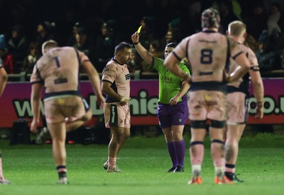 010126 - Ospreys v Cardiff Rugby, United Rugby Championship - Liam Belcher of Cardiff Rugby is shown a yellow card