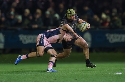010126 - Ospreys v Cardiff Rugby, United Rugby Championship - Harri Deaves of Ospreys takes on Harri Millard of Cardiff Rugby