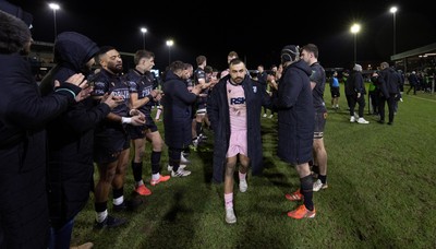 010126 - Ospreys v Cardiff Rugby, United Rugby Championship - Liam Belcher of Cardiff Rugby leads his players off at the end of the match