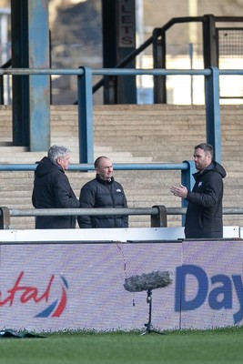 010126 - Ospreys v Cardiff Rugby - United Rugby Championship - Ospreys CEO Lance Bradley chats with Ospreys Head Coach Mark Jones before kick off