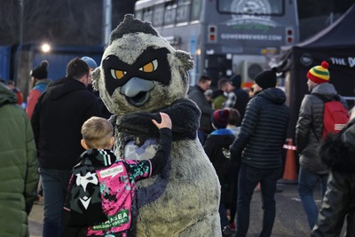 010126 - Ospreys v Cardiff Rugby - United Rugby Championship -  Ospreys fans meet Ozzy at the Brewery Field