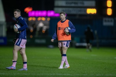 010126 - Ospreys v Cardiff Rugby - United Rugby Championship - Leigh Halfpenny and Callum Sheedy of Cardiff Rugby