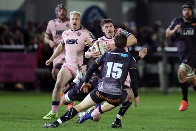 010126 - Ospreys v Cardiff Rugby - United Rugby Championship - Harri Millard of Cardiff Rugby attacks Jack Walsh of Ospreys