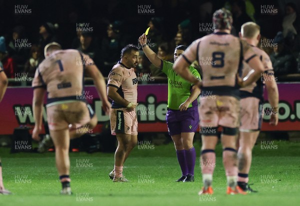 010126 - Ospreys v Cardiff Rugby, United Rugby Championship - Liam Belcher of Cardiff Rugby is shown a yellow card