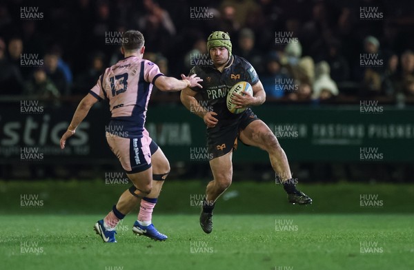 010126 - Ospreys v Cardiff Rugby, United Rugby Championship - Harri Deaves of Ospreys takes on Harri Millard of Cardiff Rugby