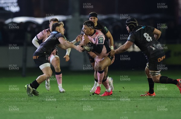 010126 - Ospreys v Cardiff Rugby, United Rugby Championship - Ben Thomas of Cardiff Rugby is held