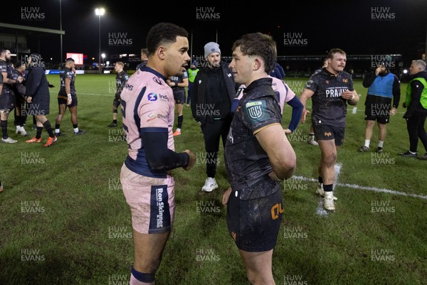 010126 - Ospreys v Cardiff Rugby, United Rugby Championship - Ben Thomas of Cardiff Rugby and Dan Edwards of Ospreys at the end of the match
