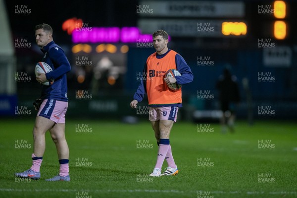 010126 - Ospreys v Cardiff Rugby - United Rugby Championship - Leigh Halfpenny and Callum Sheedy of Cardiff Rugby