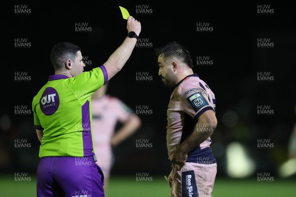 010126 - Ospreys v Cardiff Rugby - United Rugby Championship - Referee Adam Jones shows Liam Belcher of Cardiff Rugby a yellow card