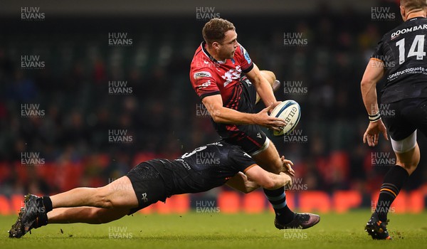220423 - Ospreys v Cardiff - United Rugby Championship - Max Llewellyn of Cardiff is tackled by Keiran Williams of Ospreys