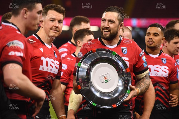220423 - Ospreys v Cardiff - United Rugby Championship - Josh Turnbull of Cardiff celebrates with the Welsh Shield