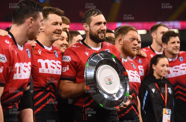 220423 - Ospreys v Cardiff - United Rugby Championship - Josh Turnbull of Cardiff celebrates with the Welsh Shield