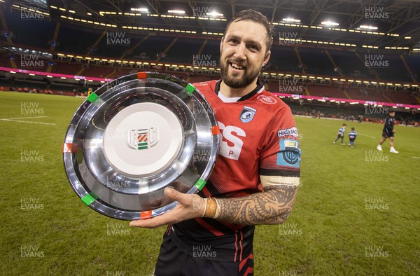 220423 - Ospreys v Cardiff Rugby - United Rugby Championship - Judgement Day - Josh Turnbull of Cardiff with the Welsh Shield