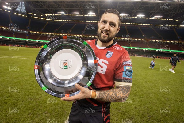 220423 - Ospreys v Cardiff Rugby - United Rugby Championship - Judgement Day - Josh Turnbull of Cardiff with the Welsh Shield