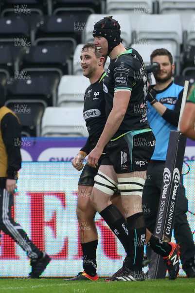 070117 - Ospreys v Connacht - Guinness PRO12 - Ashley Beck celebrates scoring a try with Adam Beard of Ospreys by Chris Fairweather/Huw Evans Agency