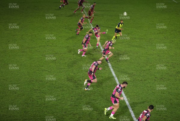 071225 - Ospreys v Connacht - European Challenge Cup - Dan Edwards of Ospreys kicks off the second half