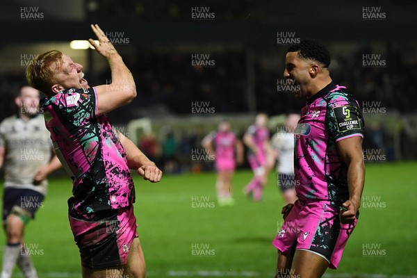 071225 - Ospreys v Connacht - EPCR Challenge Cup - Iestyn Hopkins of Ospreys celebrates scoring a try with team mates