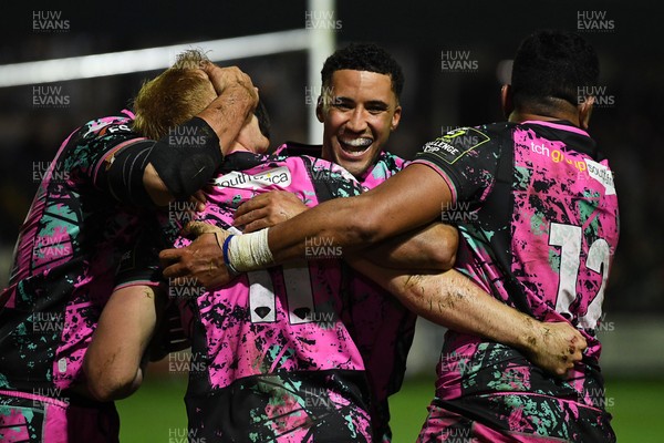 071225 - Ospreys v Connacht - EPCR Challenge Cup - Iestyn Hopkins of Ospreys celebrates scoring a try with team mates