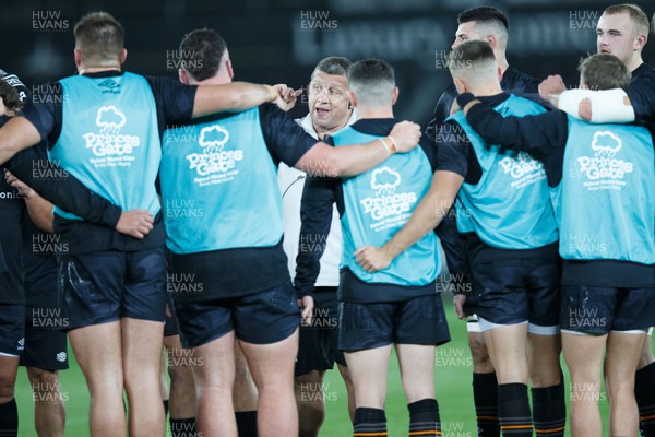 291022 - Ospreys v Connacht - United Rugby Championship - Ospreys head coach Toby Booth talks to his team before the match