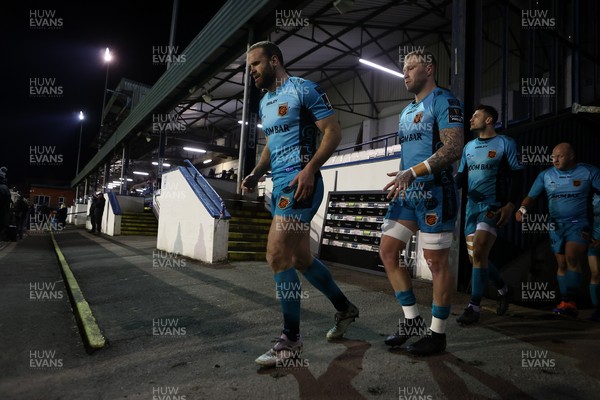 060321 - Ospreys v Dragons - Guinness PRO14 - Jamie Roberts and Ross Moriarty of Dragons run out of the tunnel at the start of the match