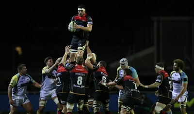 141114 -  Ospreys v Newport Gwent Dragons, LV= Cup, Brewery Field, Bridgend - Dragons' Cory Hill takes line out ball