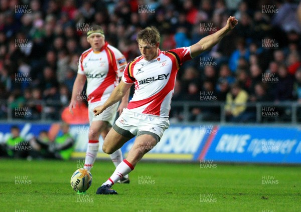 200412 Ospreys v Dragons- RaboDirect PRO 12 -Dragons' Dan Lydiate is tackled by Ospreys' Andrew Bishop